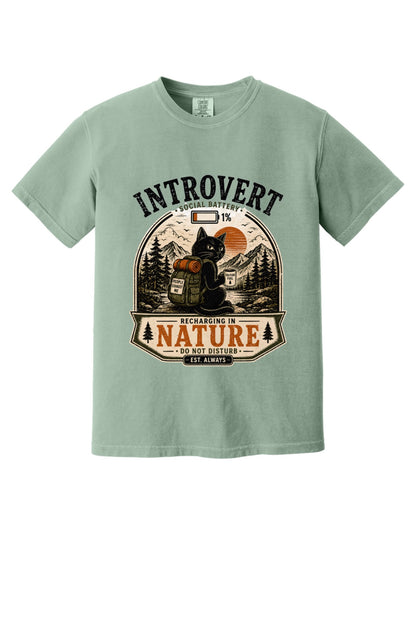Introvert Social Battery 1% Recharging in Nature hiking cat humor tee on garment-dyed heavyweight cotton shirt in Bay