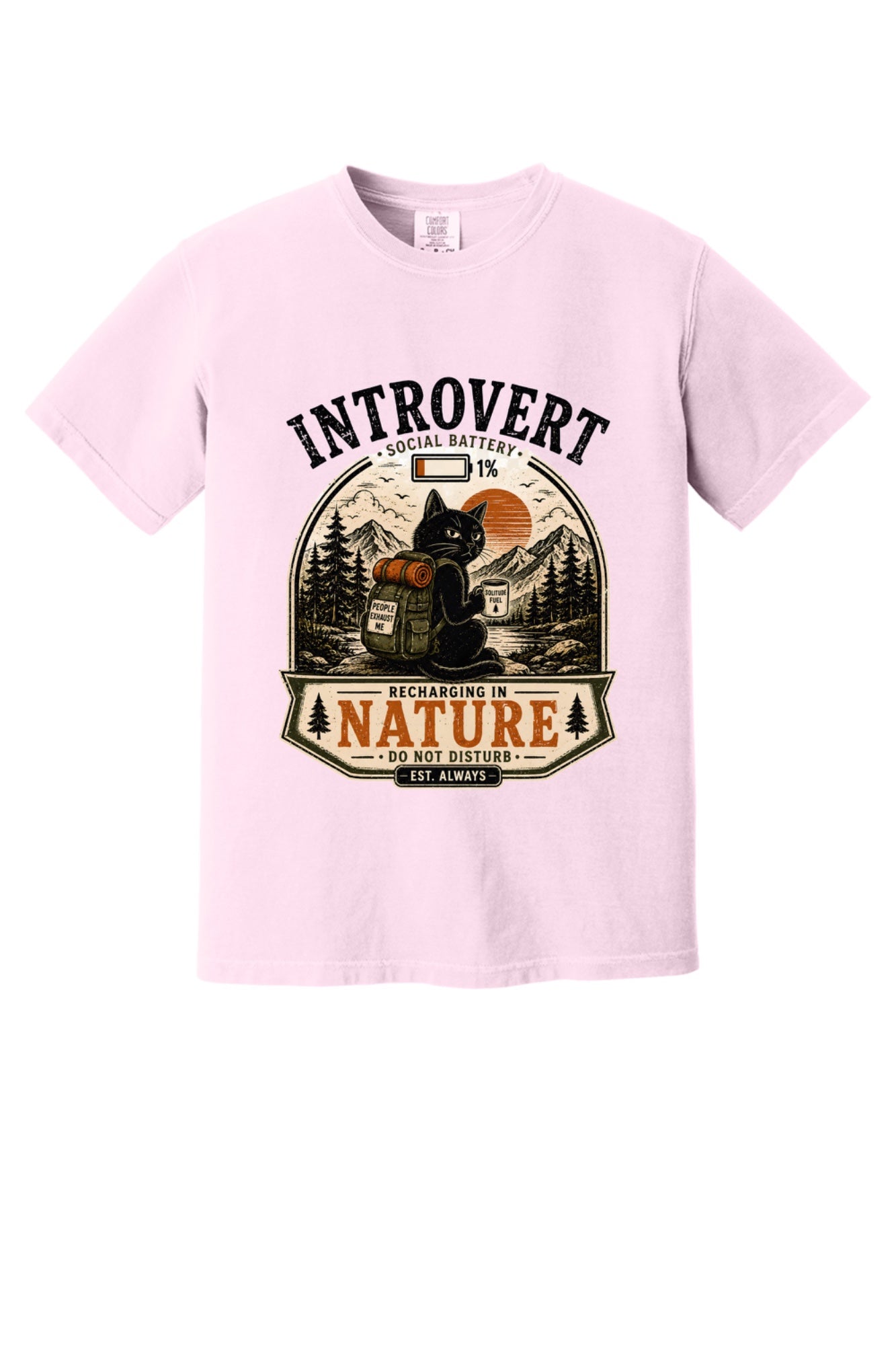 Introvert Social Battery 1% Recharging in Nature hiking cat humor tee on garment-dyed heavyweight cotton shirt in Blossom