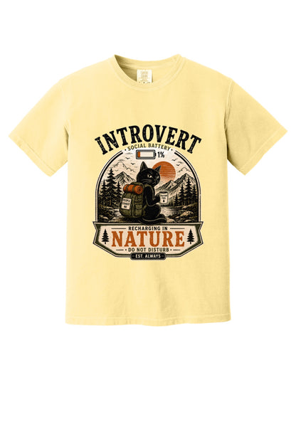 Introvert Social Battery 1% Recharging in Nature hiking cat humor tee on garment-dyed heavyweight cotton shirt in Butter