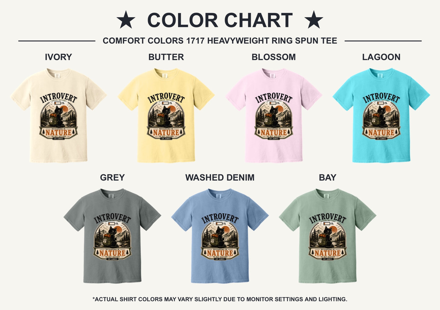 Introvert Social Battery 1% Recharging in Nature hiking cat humor tee on garment-dyed heavyweight cotton shirt - available shirt colors chart