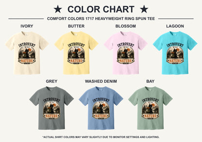 Introvert Social Battery 1% Recharging in Nature hiking cat humor tee on garment-dyed heavyweight cotton shirt - available shirt colors chart