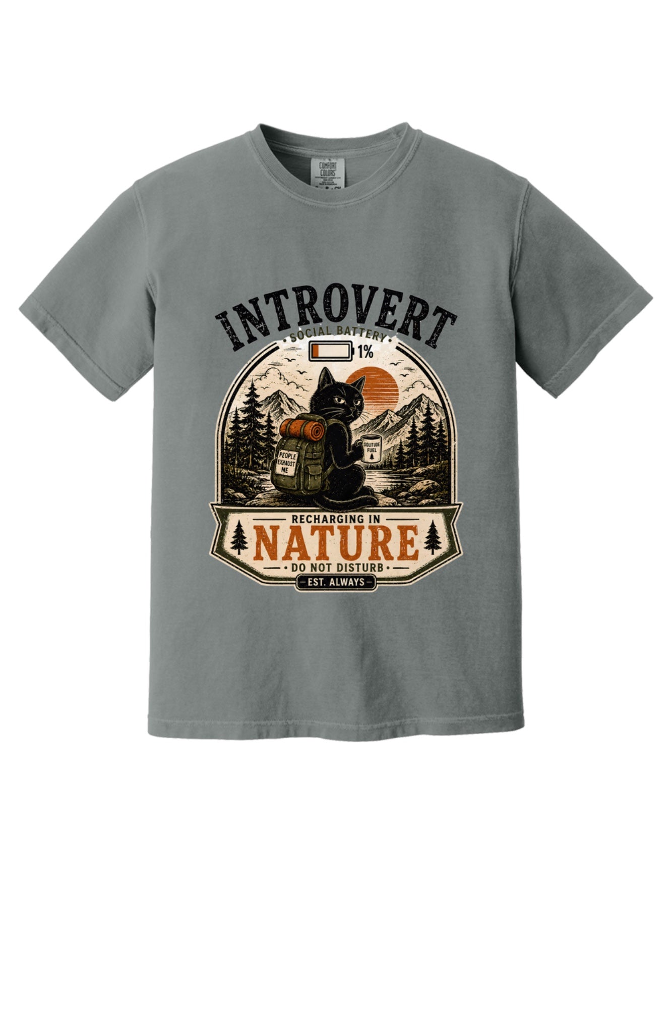 Introvert Social Battery 1% Recharging in Nature hiking cat humor tee on garment-dyed heavyweight cotton shirt in Grey