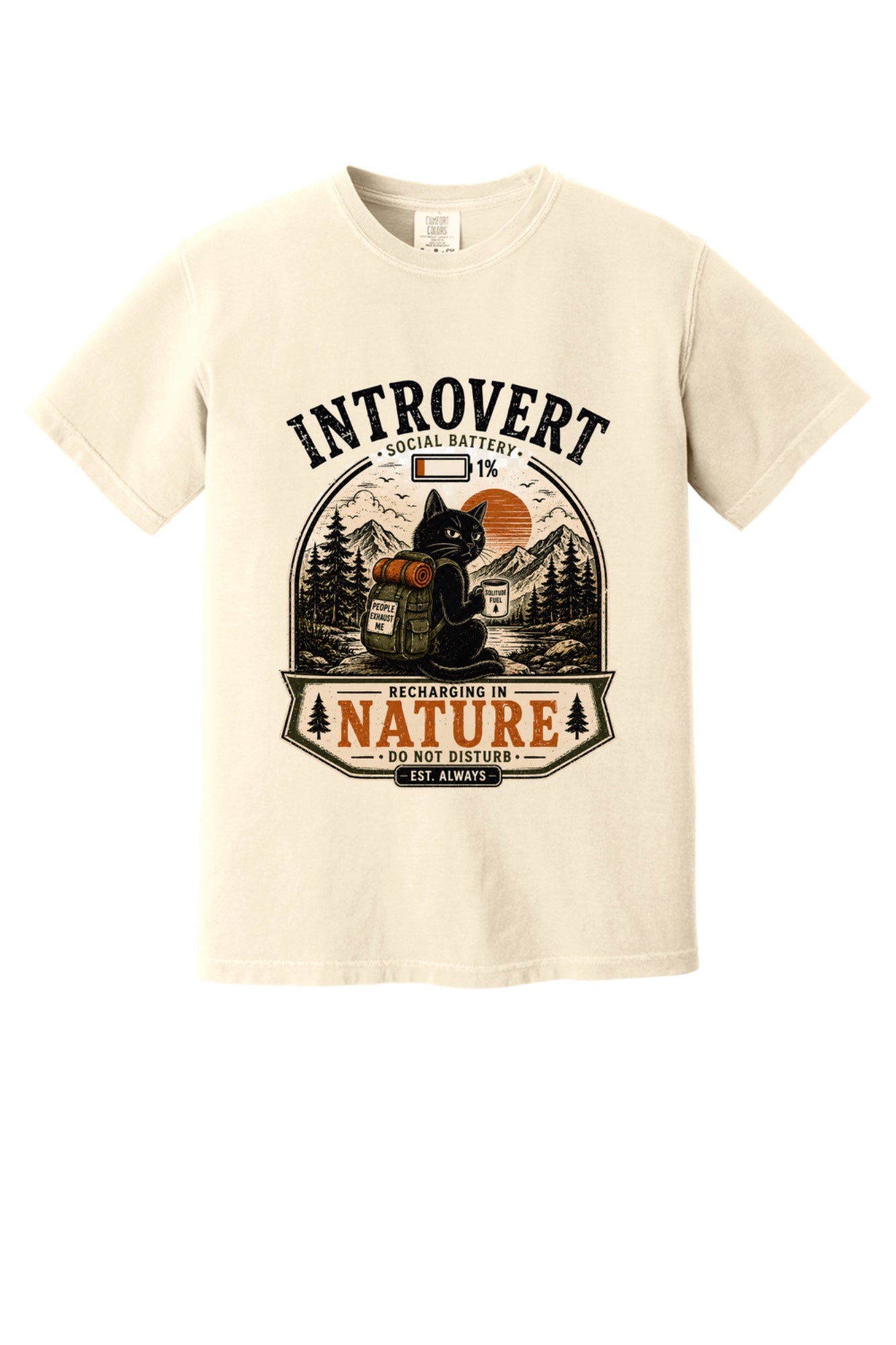 Introvert Social Battery 1% Recharging in Nature hiking cat humor tee on garment-dyed heavyweight cotton shirt in Ivory