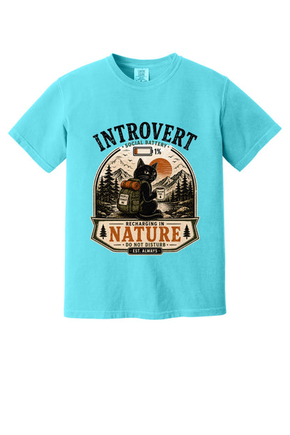Introvert Social Battery 1% Recharging in Nature hiking cat humor tee on garment-dyed heavyweight cotton shirt in Lagoon