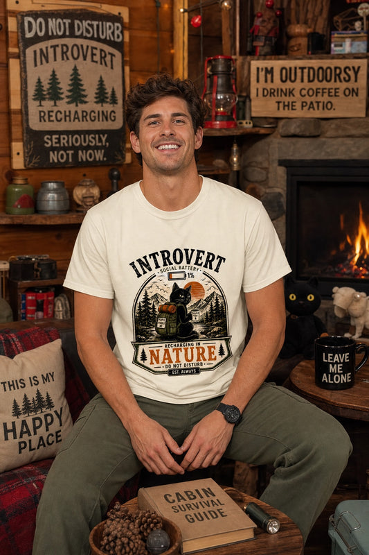 Introvert Social Battery 1% Recharging in Nature hiking cat humor tee on garment-dyed heavyweight cotton shirt worn by a model