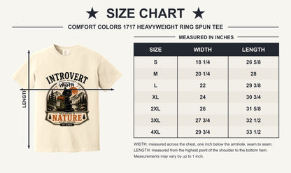Introvert Social Battery 1% Recharging in Nature hiking cat humor tee on garment-dyed heavyweight cotton shirt - size chart