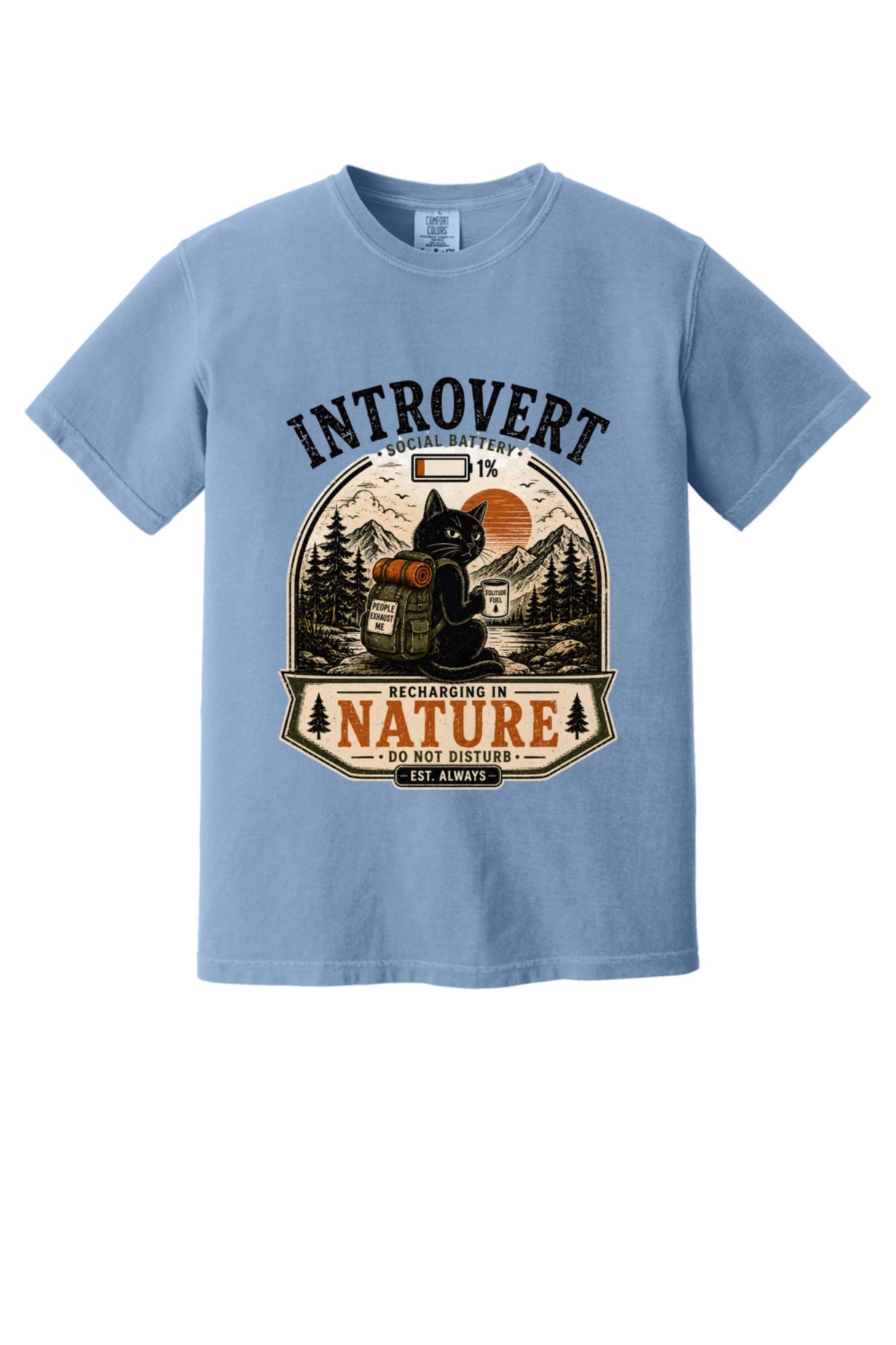 Introvert Social Battery 1% Recharging in Nature hiking cat humor tee on garment-dyed heavyweight cotton shirt in Washed Denim