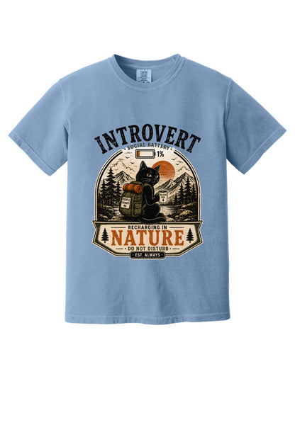 Introvert Social Battery 1% Recharging in Nature hiking cat humor tee on garment-dyed heavyweight cotton shirt in Washed Denim