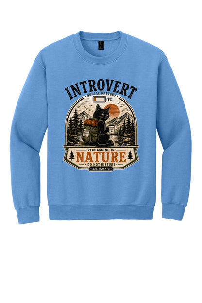 Introvert Social Battery 1% Recharging in Nature printed crewneck sweatshirt with grumpy cat hiker design in Carolina Blue