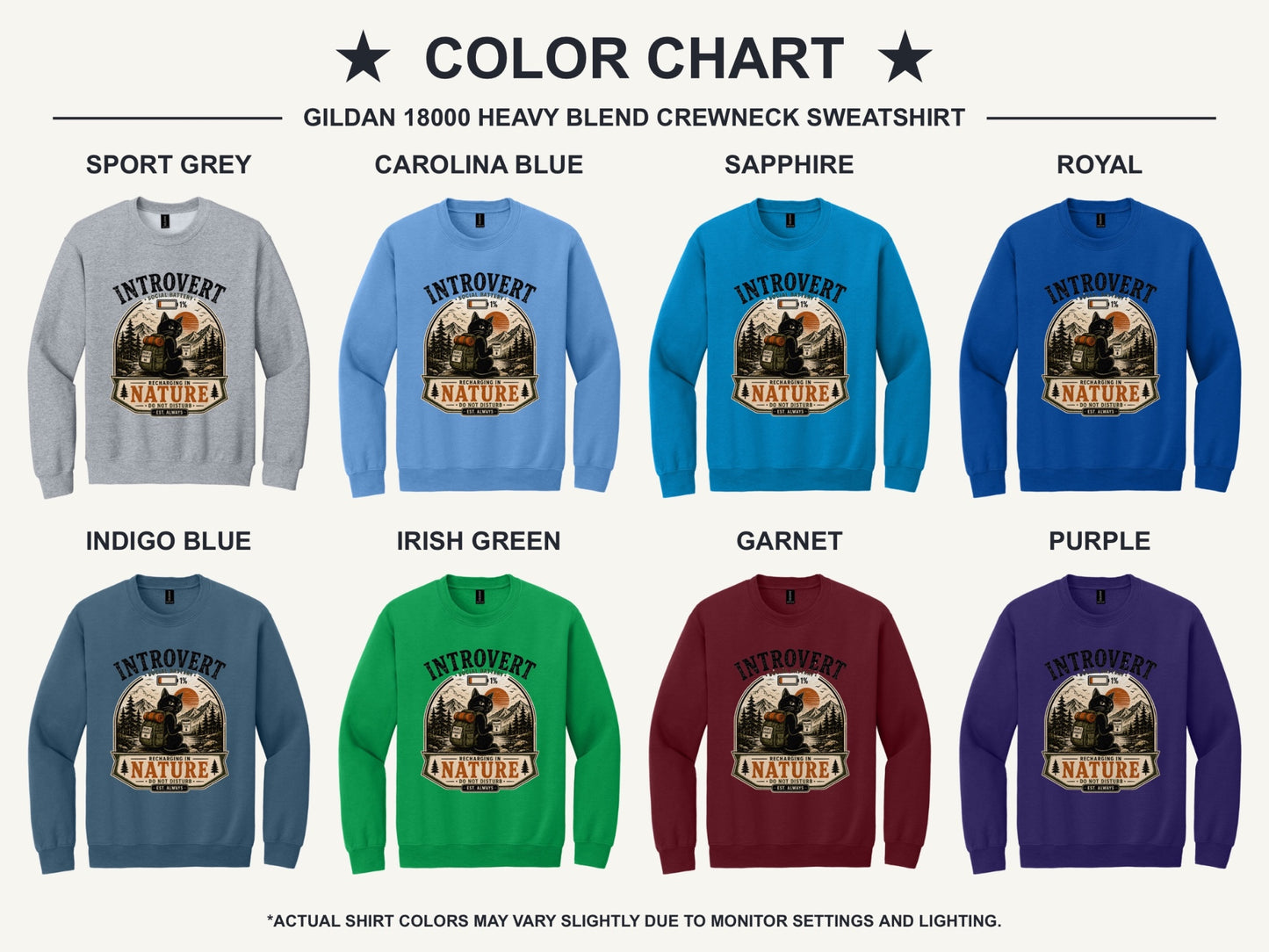 Introvert Social Battery 1% Recharging in Nature printed crewneck sweatshirt with grumpy cat hiker design - available shirt colors chart