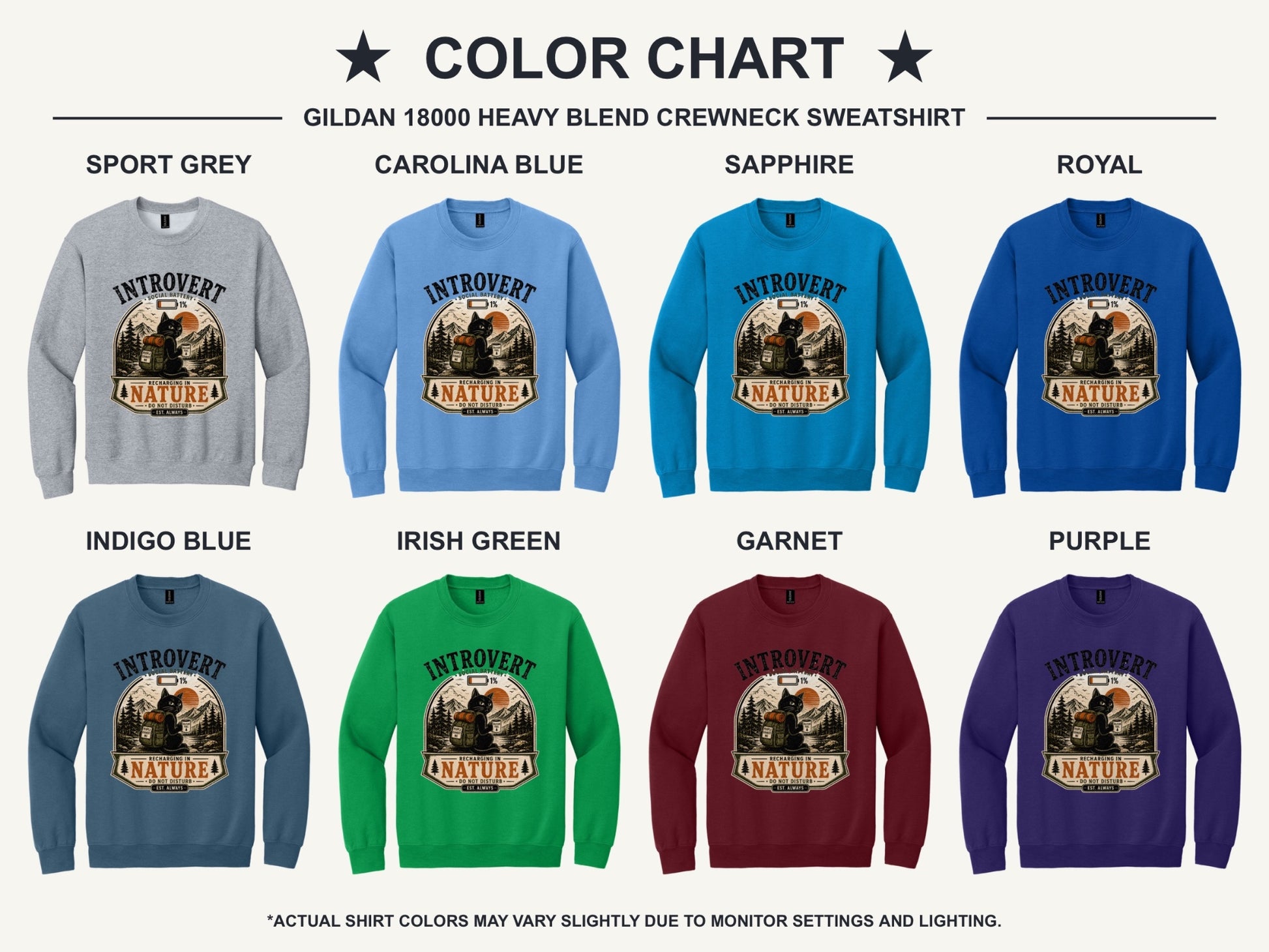 Introvert Social Battery 1% Recharging in Nature printed crewneck sweatshirt with grumpy cat hiker design - available shirt colors chart