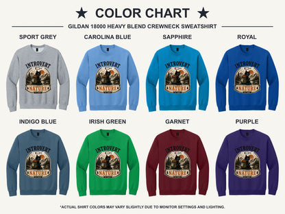 Introvert Social Battery 1% Recharging in Nature printed crewneck sweatshirt with grumpy cat hiker design - available shirt colors chart