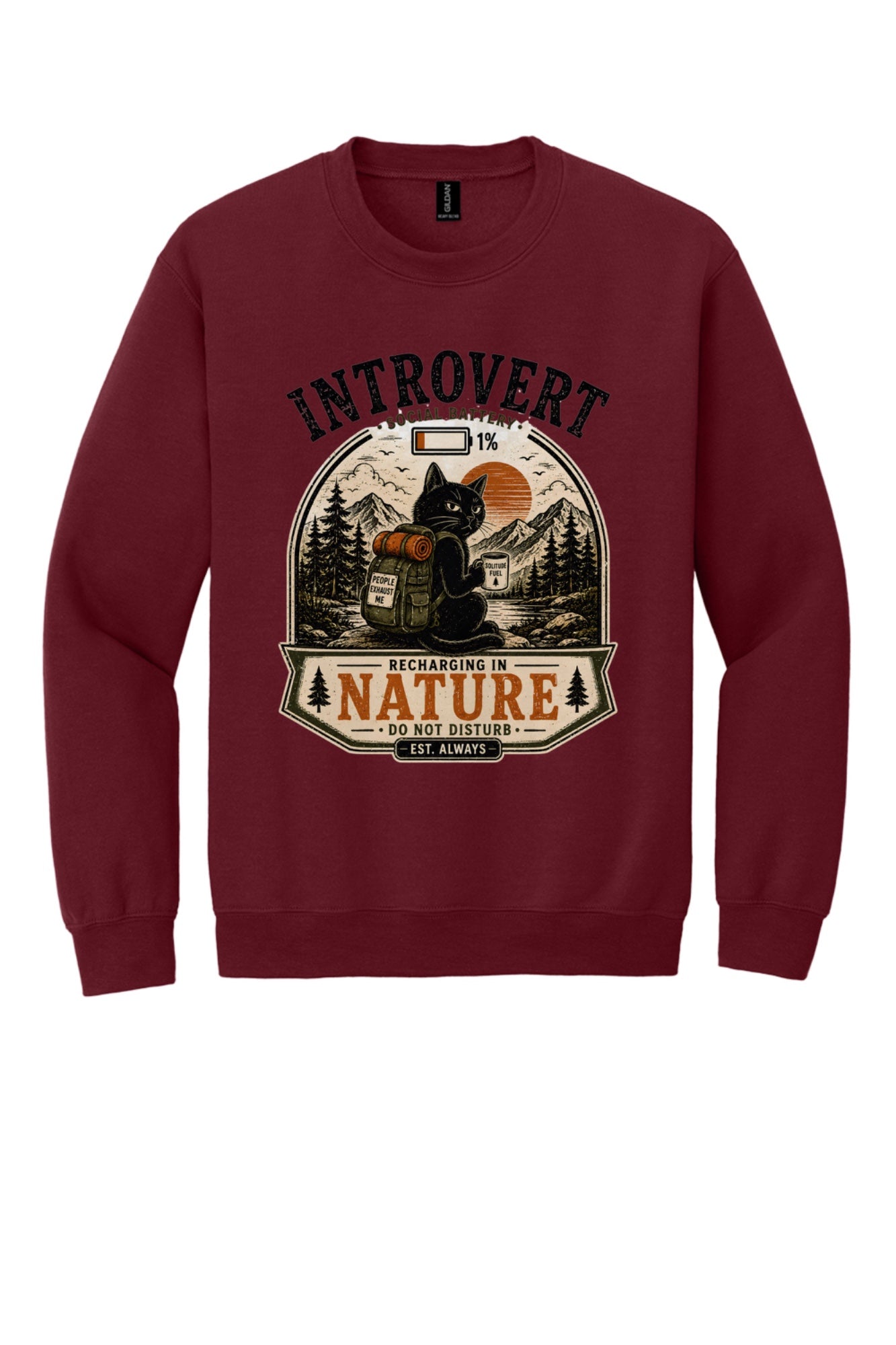 Introvert Social Battery 1% Recharging in Nature printed crewneck sweatshirt with grumpy cat hiker design in Garnet