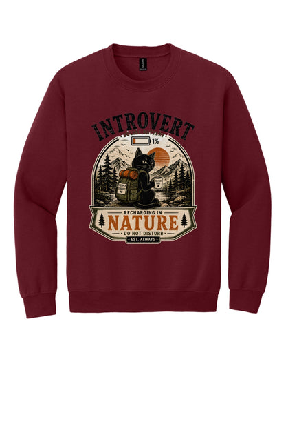 Introvert Social Battery 1% Recharging in Nature printed crewneck sweatshirt with grumpy cat hiker design in Garnet