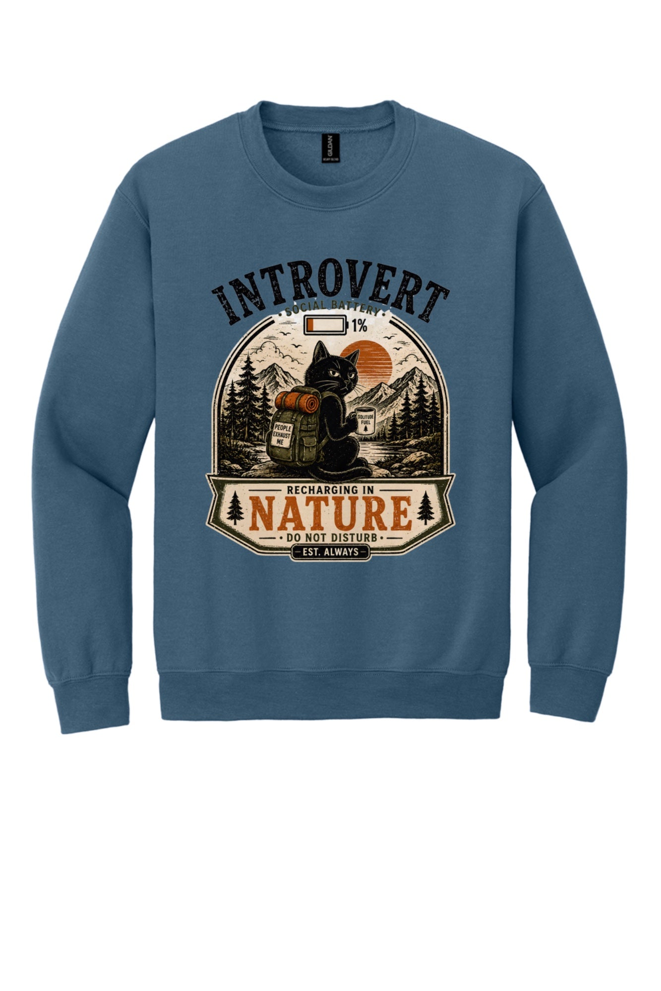 Introvert Social Battery 1% Recharging in Nature printed crewneck sweatshirt with grumpy cat hiker design in Indigo Blue