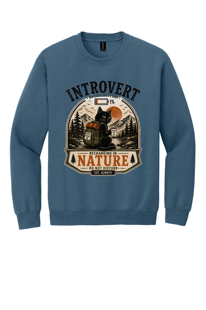 Introvert Social Battery 1% Recharging in Nature printed crewneck sweatshirt with grumpy cat hiker design in Indigo Blue