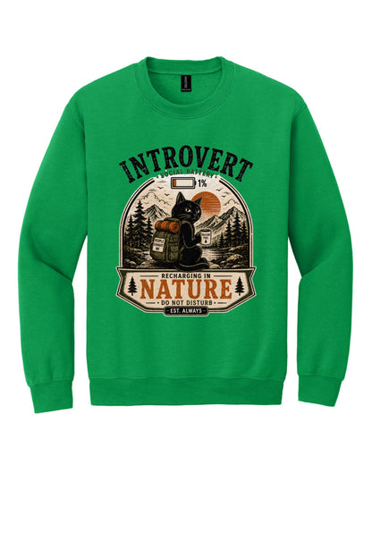 Introvert Social Battery 1% Recharging in Nature printed crewneck sweatshirt with grumpy cat hiker design in Irish Green