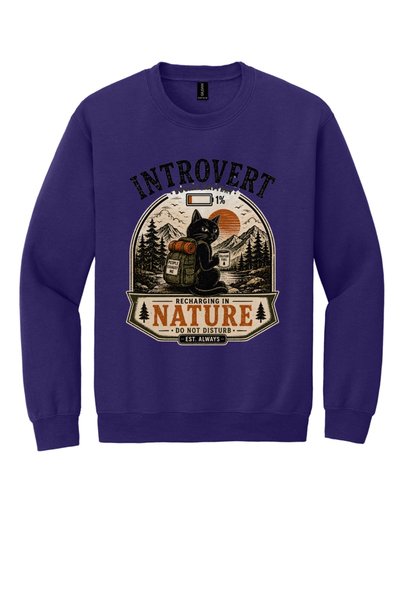 Introvert Social Battery 1% Recharging in Nature printed crewneck sweatshirt with grumpy cat hiker design in Purple
