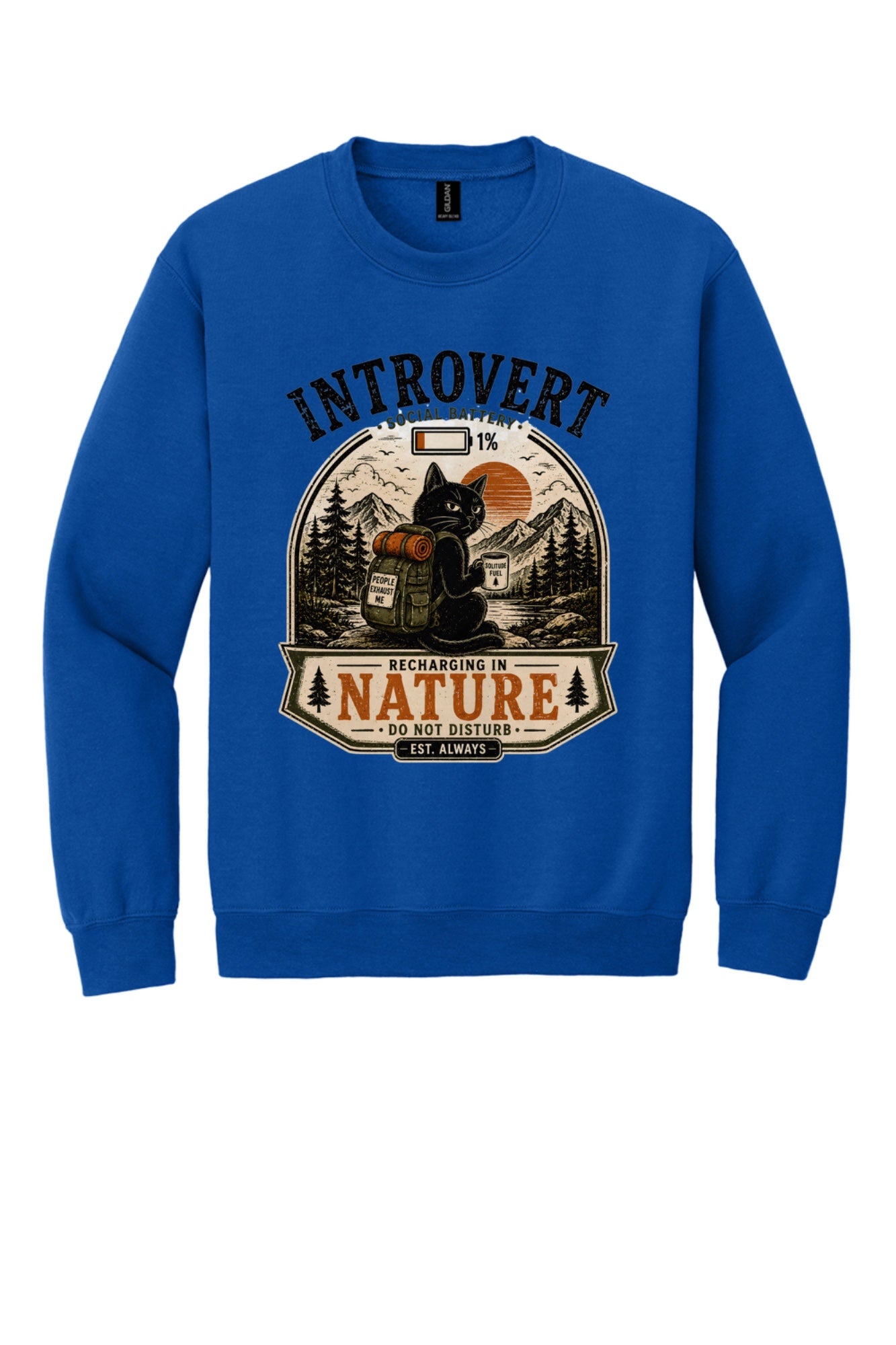 Introvert Social Battery 1% Recharging in Nature printed crewneck sweatshirt with grumpy cat hiker design in Royal