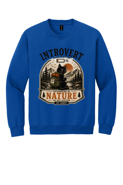 Introvert Social Battery 1% Recharging in Nature printed crewneck sweatshirt with grumpy cat hiker design in Royal