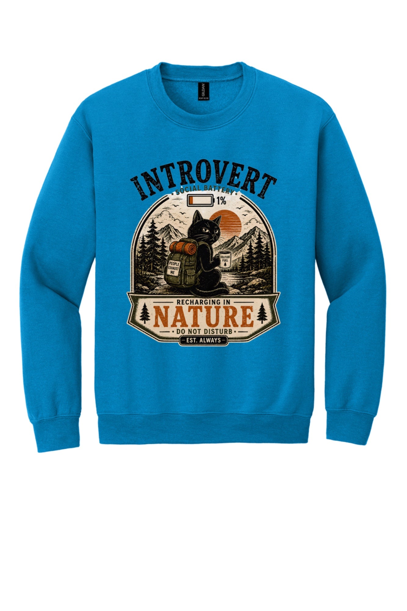 Introvert Social Battery 1% Recharging in Nature printed crewneck sweatshirt with grumpy cat hiker design in Sapphire