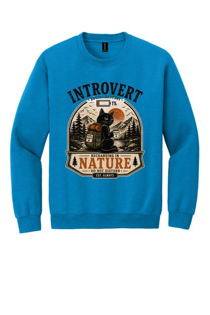 Introvert Social Battery 1% Recharging in Nature printed crewneck sweatshirt with grumpy cat hiker design in Sapphire