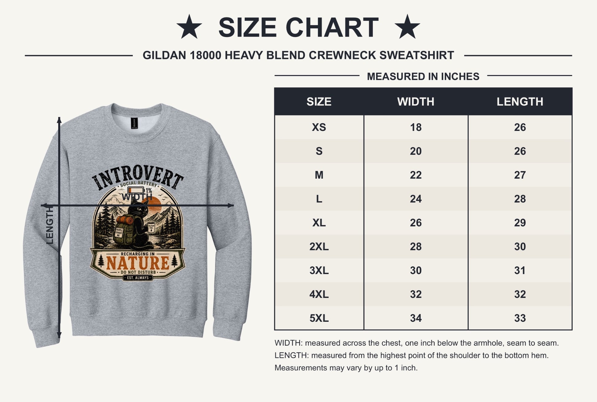 Introvert Social Battery 1% Recharging in Nature printed crewneck sweatshirt with grumpy cat hiker design - size chart