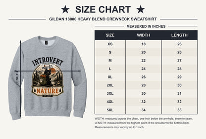 Introvert Social Battery 1% Recharging in Nature printed crewneck sweatshirt with grumpy cat hiker design - size chart