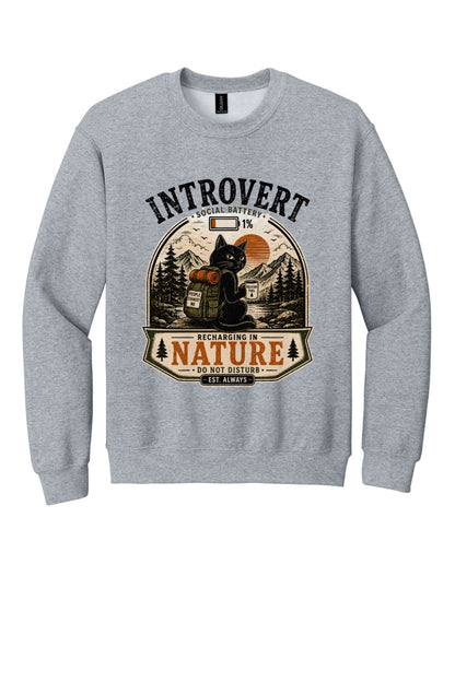 Introvert Social Battery 1% Recharging in Nature printed crewneck sweatshirt with grumpy cat hiker design in Sport Grey