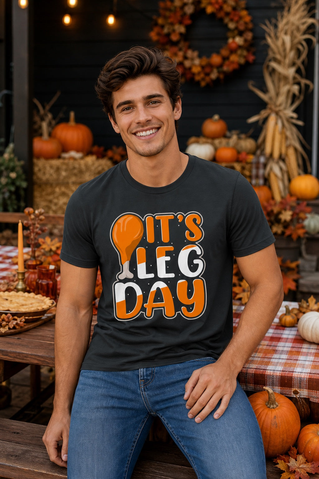 IT'S LEG DAY funny Thanksgiving drumstick graphic printed on a BELLA+CANVAS unisex tee worn by a model