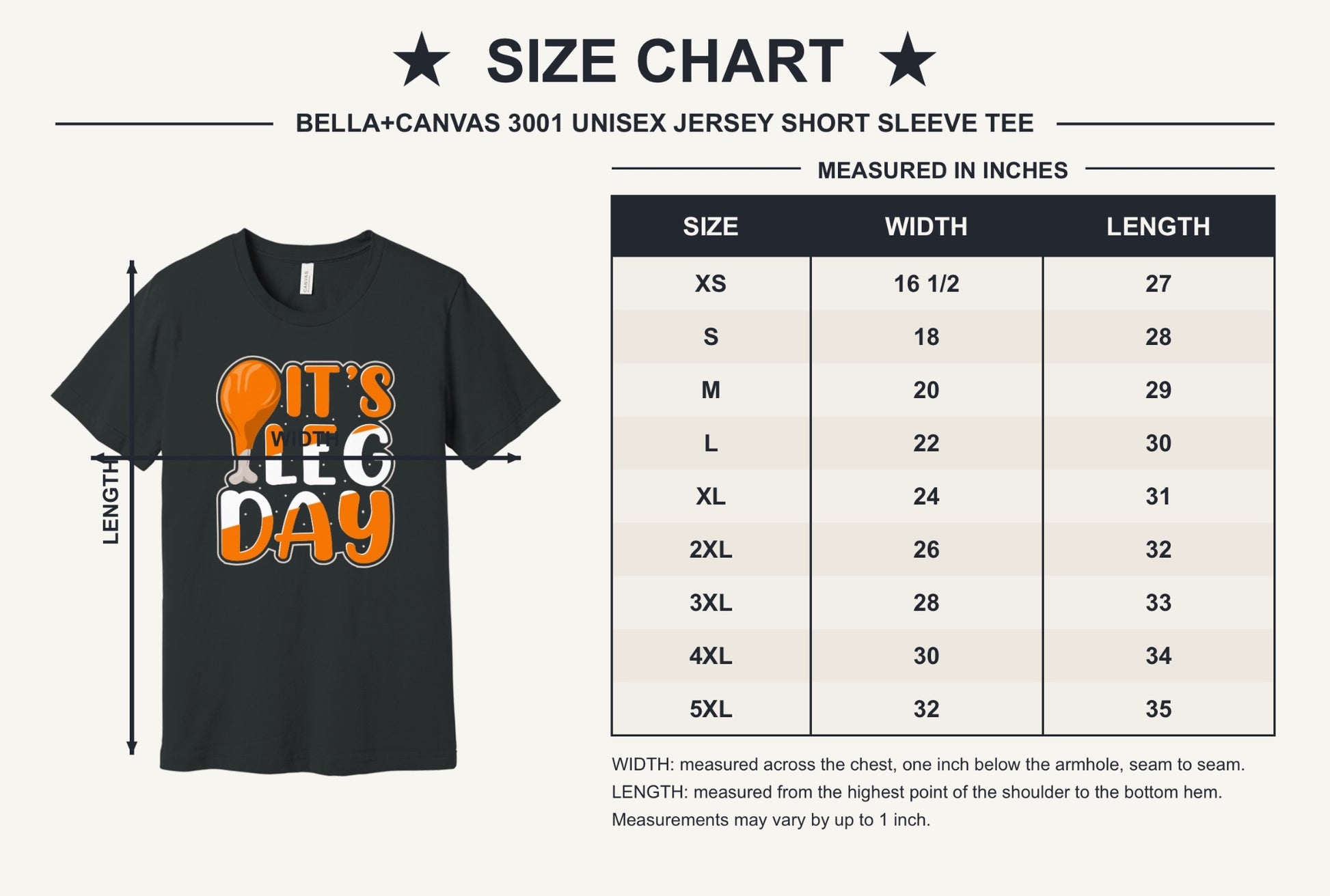 IT'S LEG DAY funny Thanksgiving drumstick graphic printed on a BELLA+CANVAS unisex tee - size chart