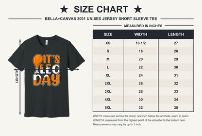 IT'S LEG DAY funny Thanksgiving drumstick graphic printed on a BELLA+CANVAS unisex tee - size chart