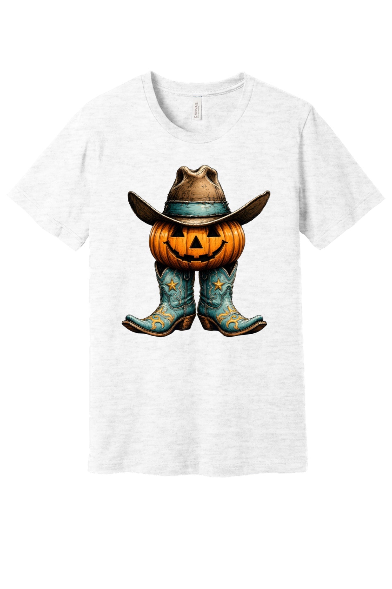 Jack-o-lantern cowboy boots and hat Halloween western graphic tee on BELLA+CANVAS 3001 in Ash