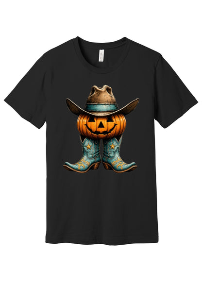Jack-o-lantern cowboy boots and hat Halloween western graphic tee on BELLA+CANVAS 3001 in Black