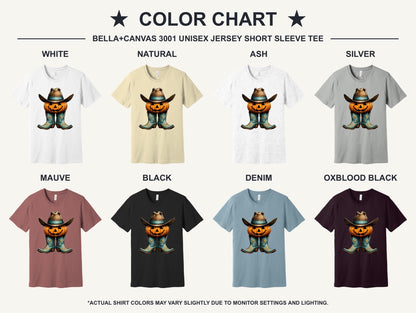 Jack-o-lantern cowboy boots and hat Halloween western graphic tee on BELLA+CANVAS 3001 - available shirt colors chart