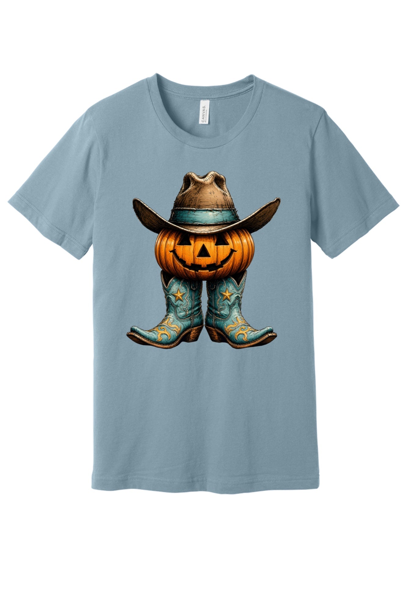 Jack-o-lantern cowboy boots and hat Halloween western graphic tee on BELLA+CANVAS 3001 in Denim