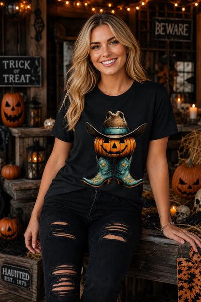 Jack-o-lantern cowboy boots and hat Halloween western graphic tee on BELLA+CANVAS 3001 worn by a model