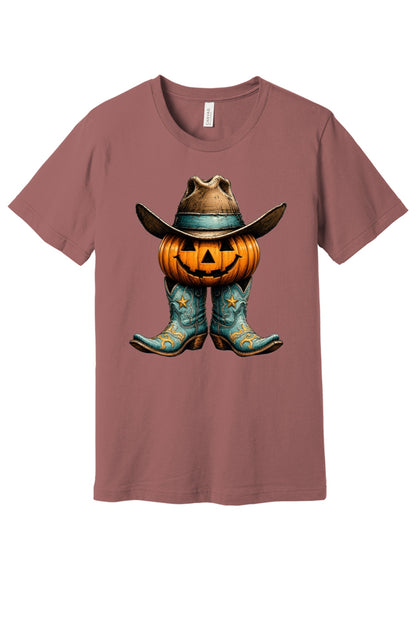 Jack-o-lantern cowboy boots and hat Halloween western graphic tee on BELLA+CANVAS 3001 in Mauve