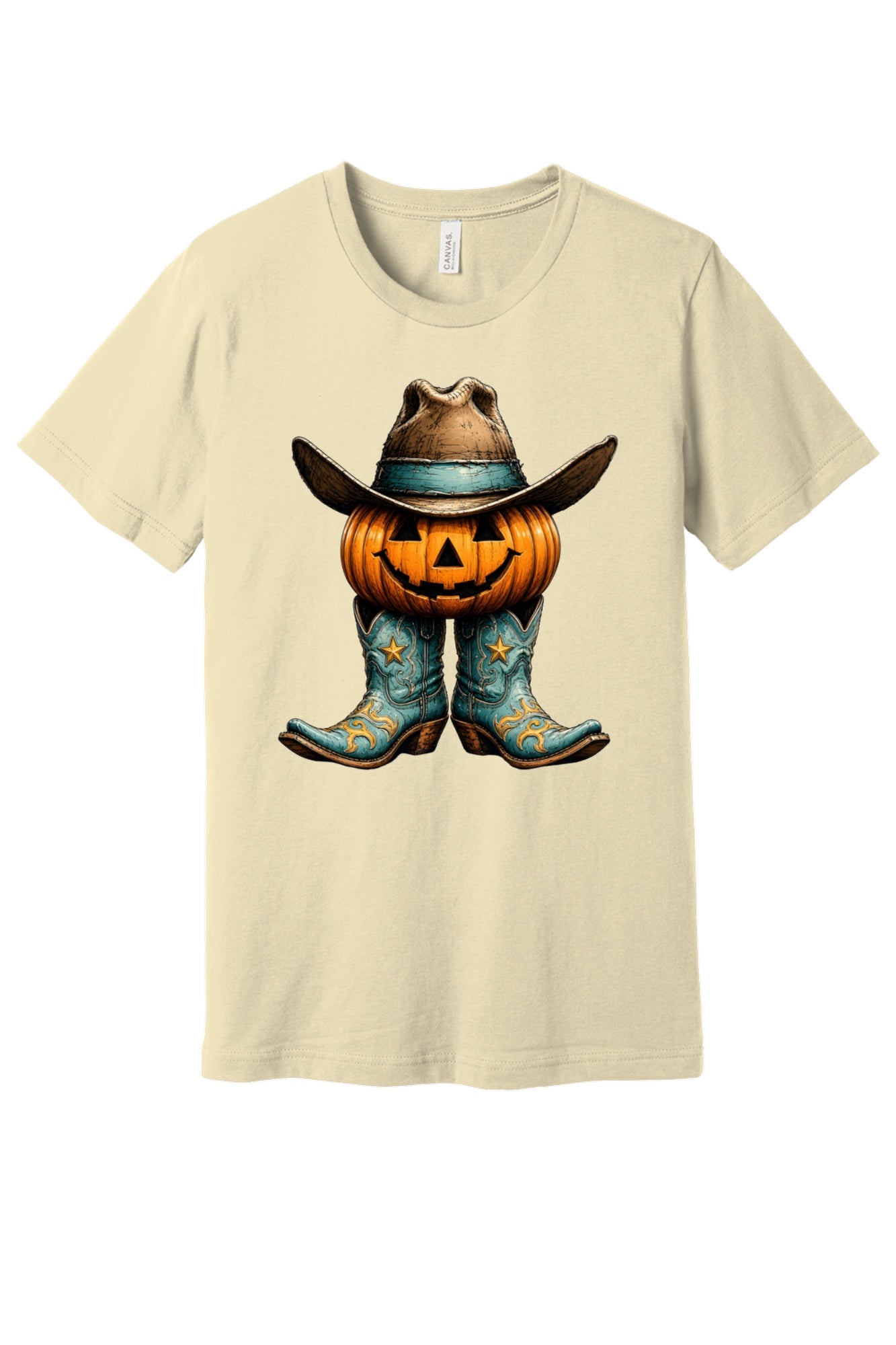 Jack-o-lantern cowboy boots and hat Halloween western graphic tee on BELLA+CANVAS 3001 in Natural