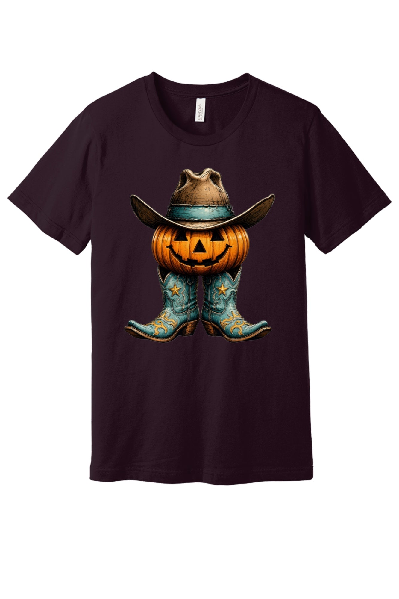 Jack-o-lantern cowboy boots and hat Halloween western graphic tee on BELLA+CANVAS 3001 in Oxblood Black