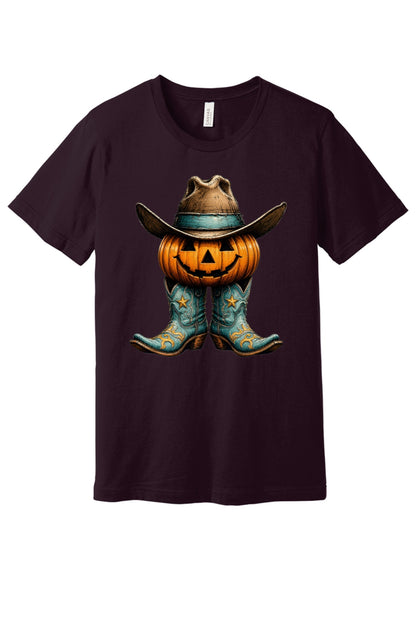 Jack-o-lantern cowboy boots and hat Halloween western graphic tee on BELLA+CANVAS 3001 in Oxblood Black
