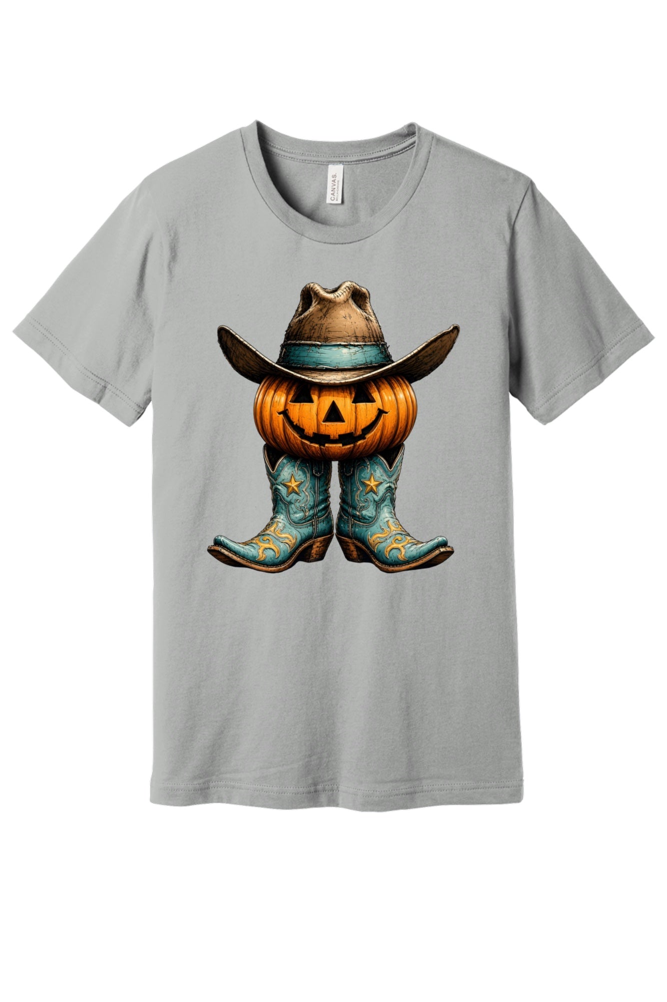 Jack-o-lantern cowboy boots and hat Halloween western graphic tee on BELLA+CANVAS 3001 in Silver