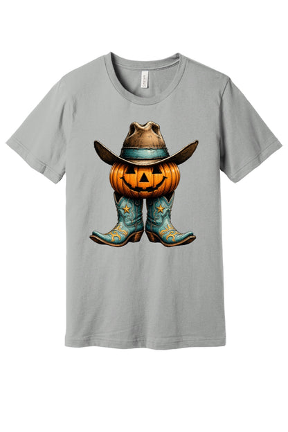 Jack-o-lantern cowboy boots and hat Halloween western graphic tee on BELLA+CANVAS 3001 in Silver