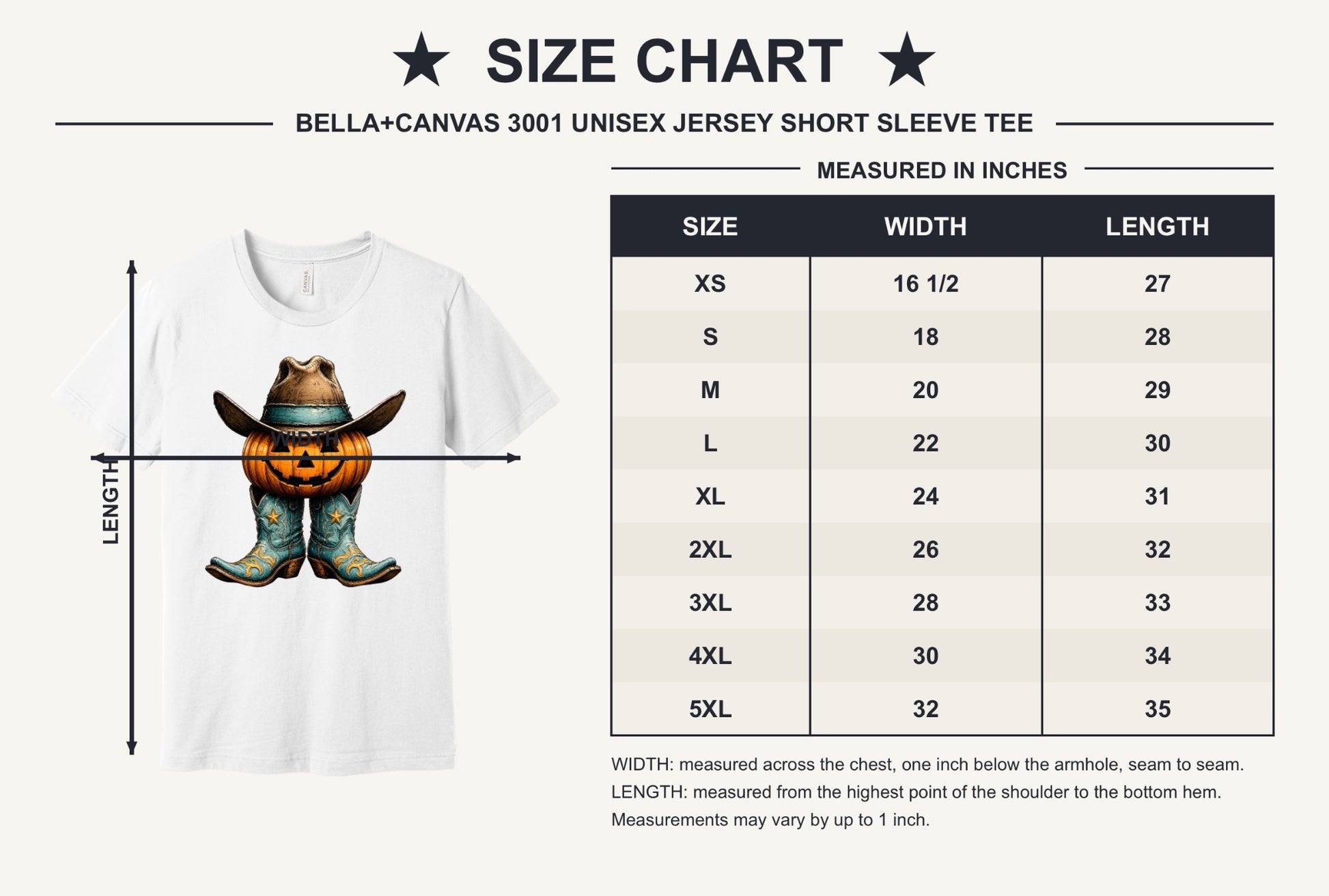 Jack-o-lantern cowboy boots and hat Halloween western graphic tee on BELLA+CANVAS 3001 - size chart