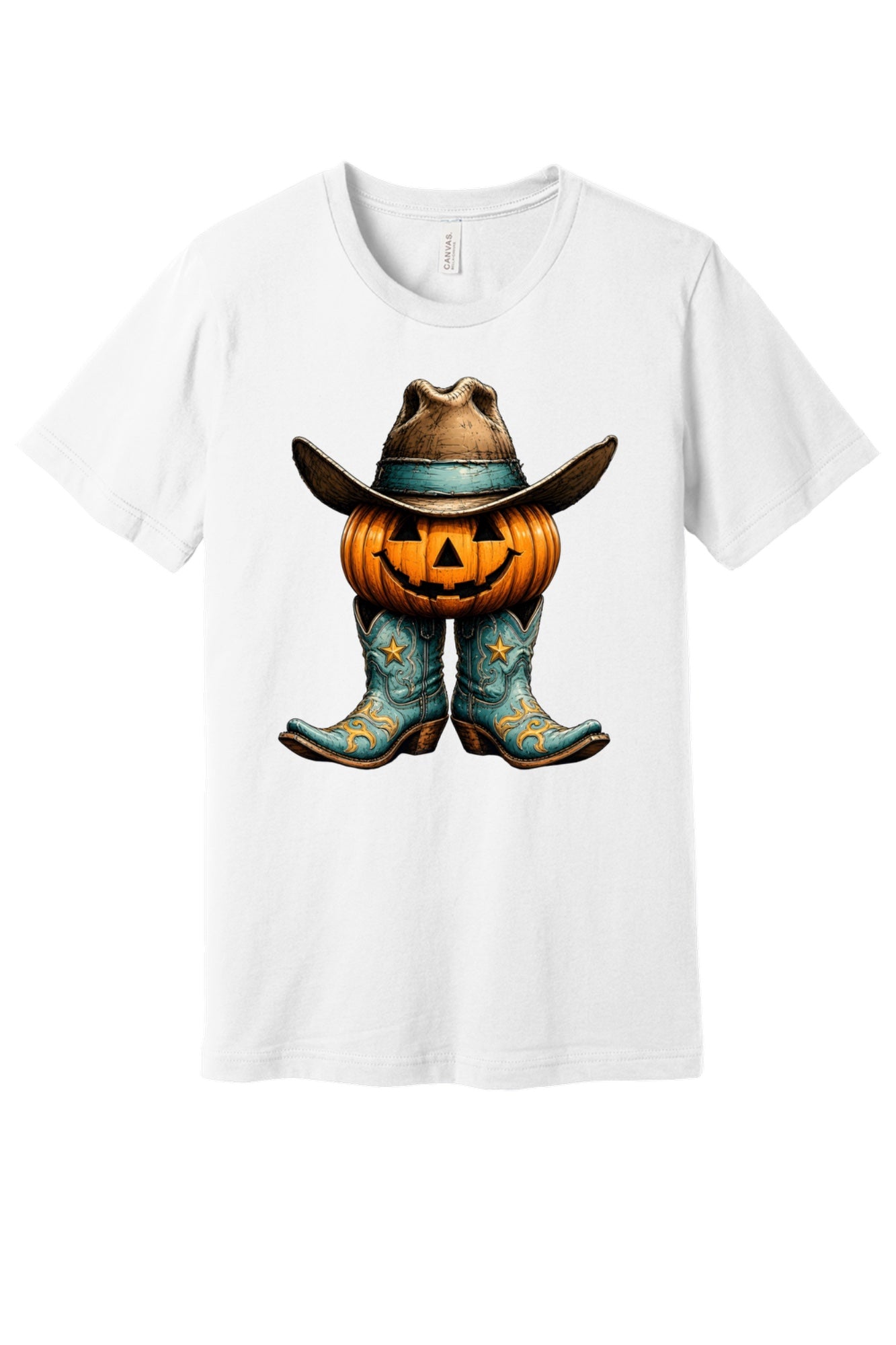 Jack-o-lantern cowboy boots and hat Halloween western graphic tee on BELLA+CANVAS 3001 in White