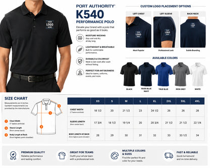 Port Authority K540 polo shirt size chart with chest sleeve and body measurements