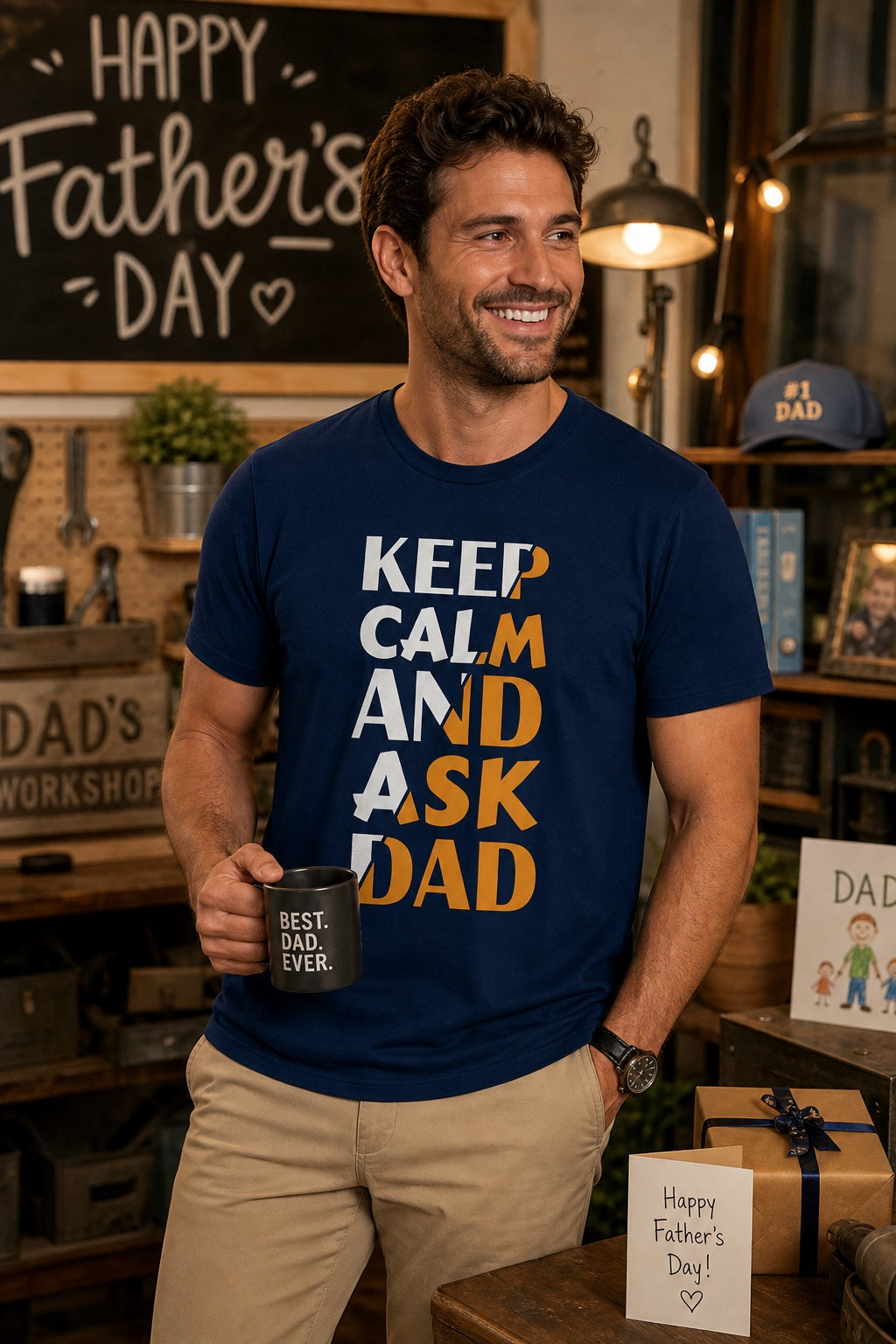 Keep Calm and Ask Dad Father's Day graphic tee with bold amber block letter print worn by a model