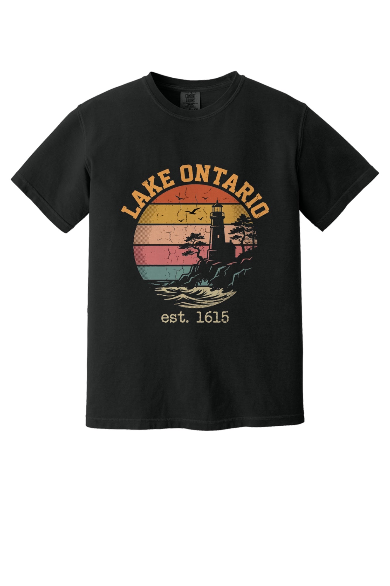 Lake Ontario est. 1615 retro lighthouse sunset graphic printed on a Comfort Colors heavyweight tee in Black