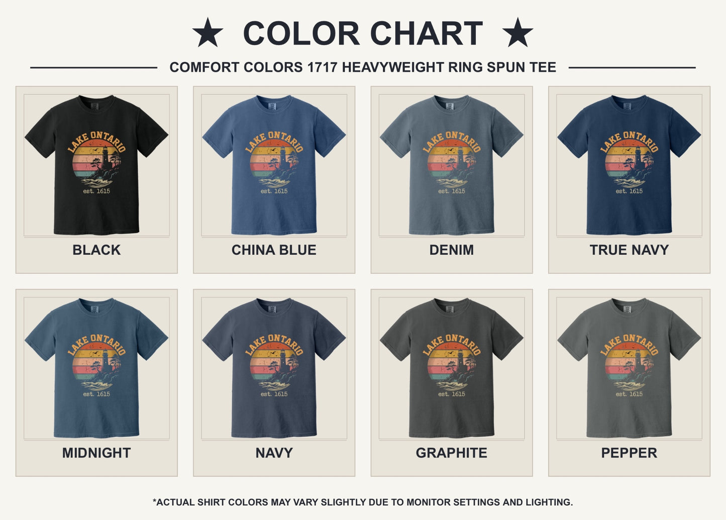 Lake Ontario est. 1615 retro lighthouse sunset graphic printed on a Comfort Colors heavyweight tee - available shirt colors chart