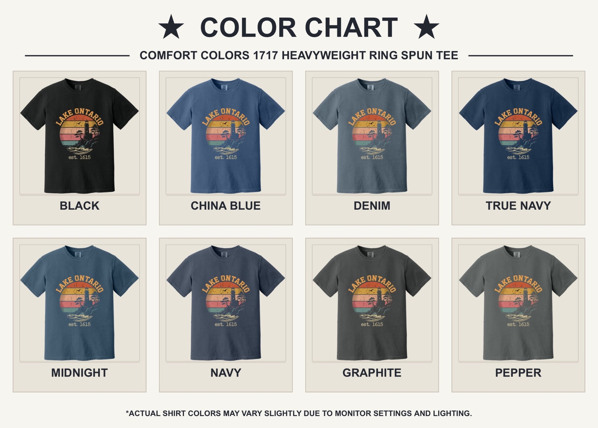 Lake Ontario est. 1615 retro lighthouse sunset graphic printed on a Comfort Colors heavyweight tee - available shirt colors chart